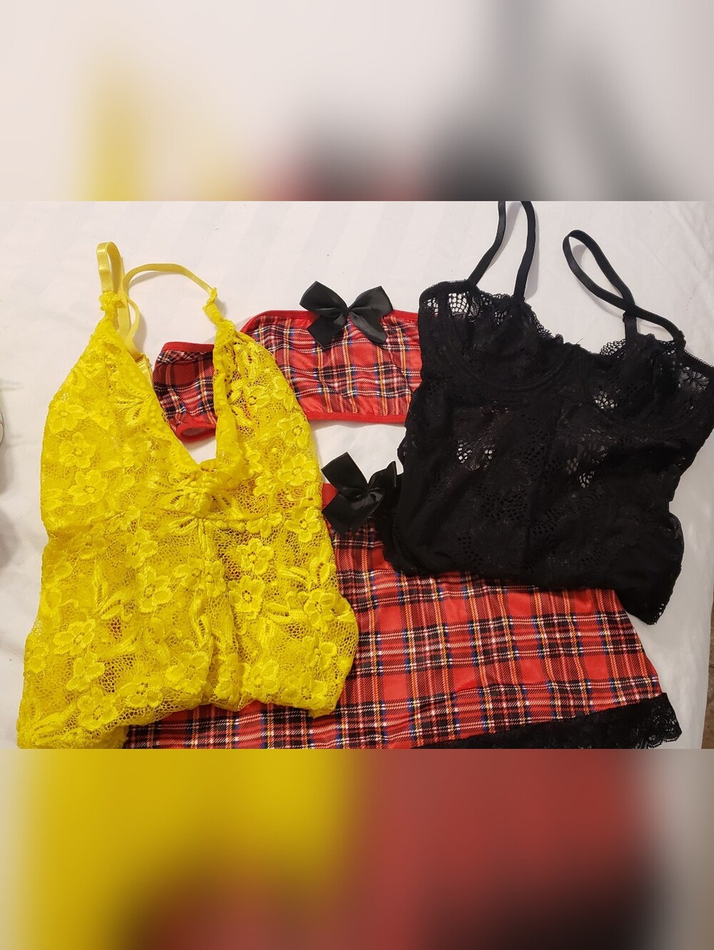 Plaid Sexy Set Yellow Lace Bralette & Black Lace Cami Set - Women Intimates